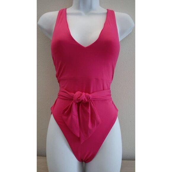 Becca x Rebecca 851627 Sz S Pink Flamingo Virtue Tie Waist 1-Pc Swimsuit $148+ - Picture 1 of 8